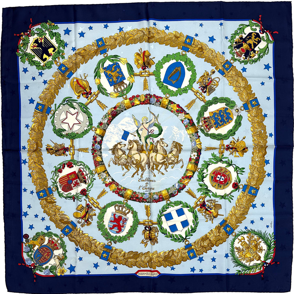 Foulard Hermès 90 Cm - Emblèmes De L'Europe - Soie Multicolore - Occasion (état à Vérifier)