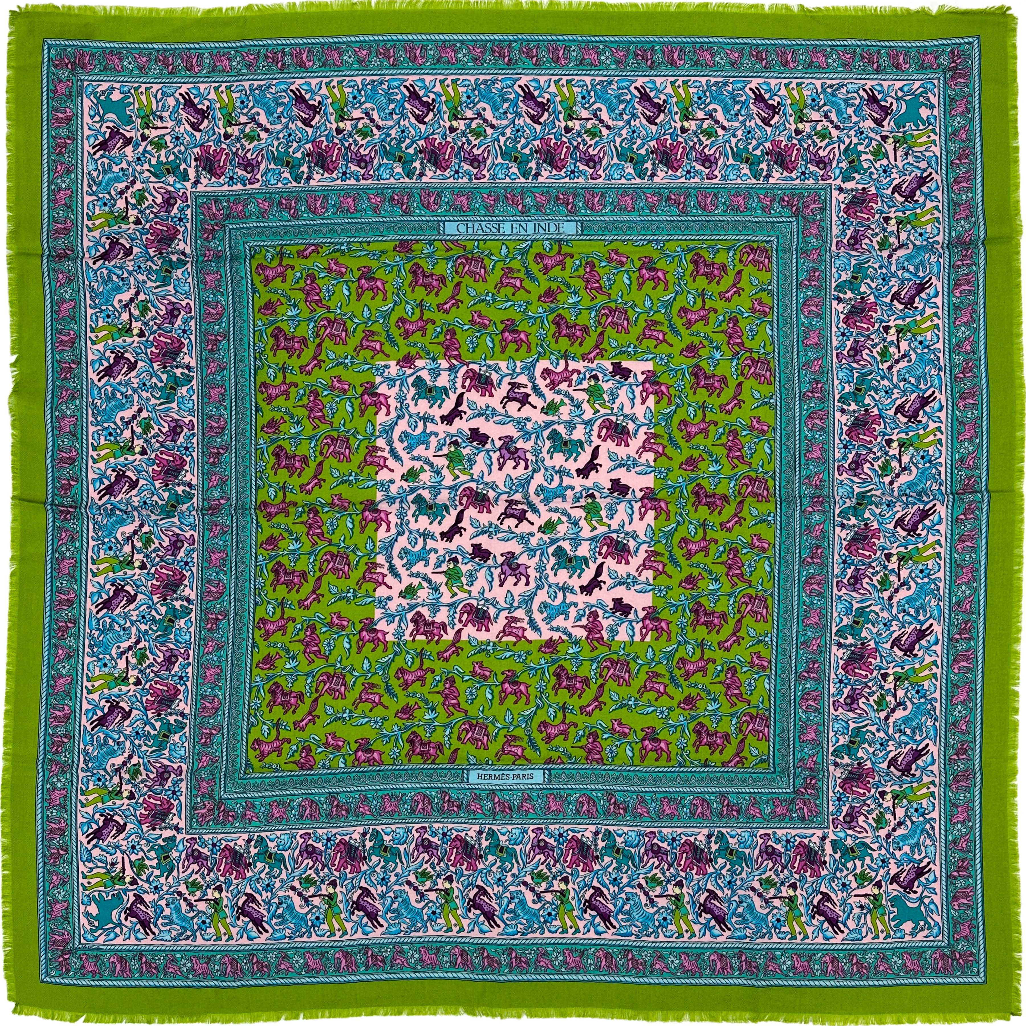 Hermès Chasse en Inde Fringe Cashmere Silk 90