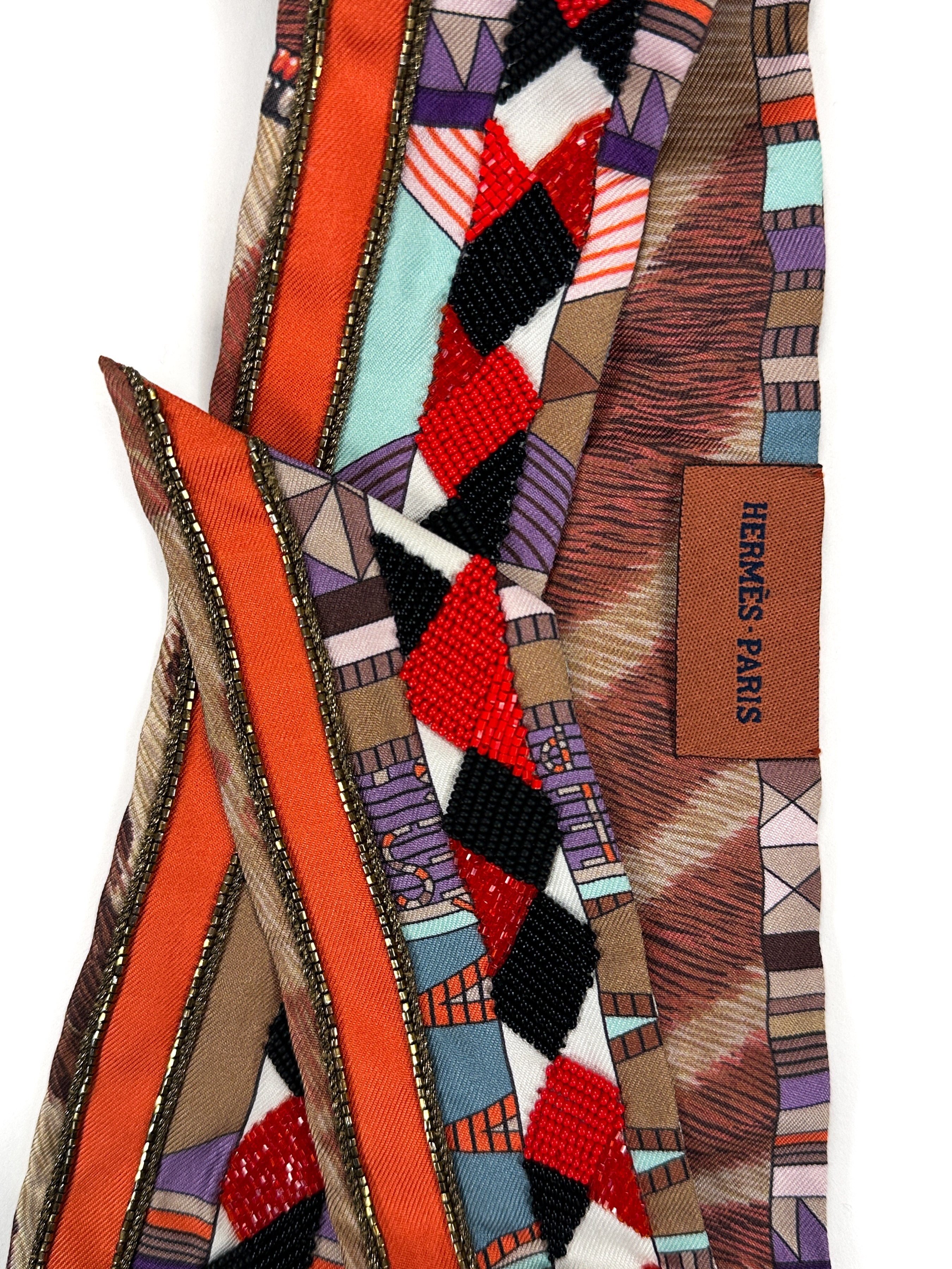 Hermès Pelages et Camouflage Exceptional Beaded Twilly