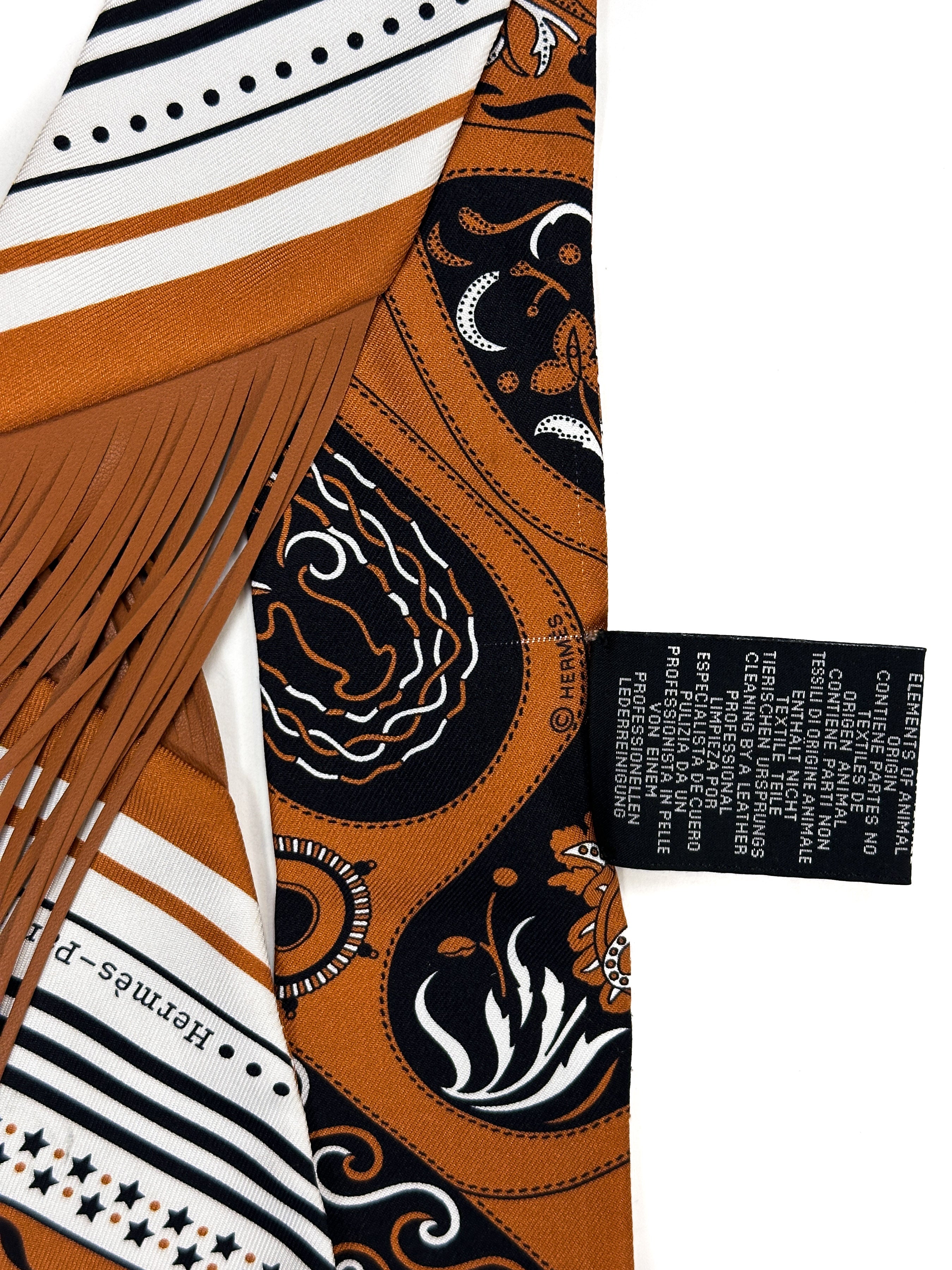 Hermès Festival des Amazones Bandana Folk Leather Fringe Twilly