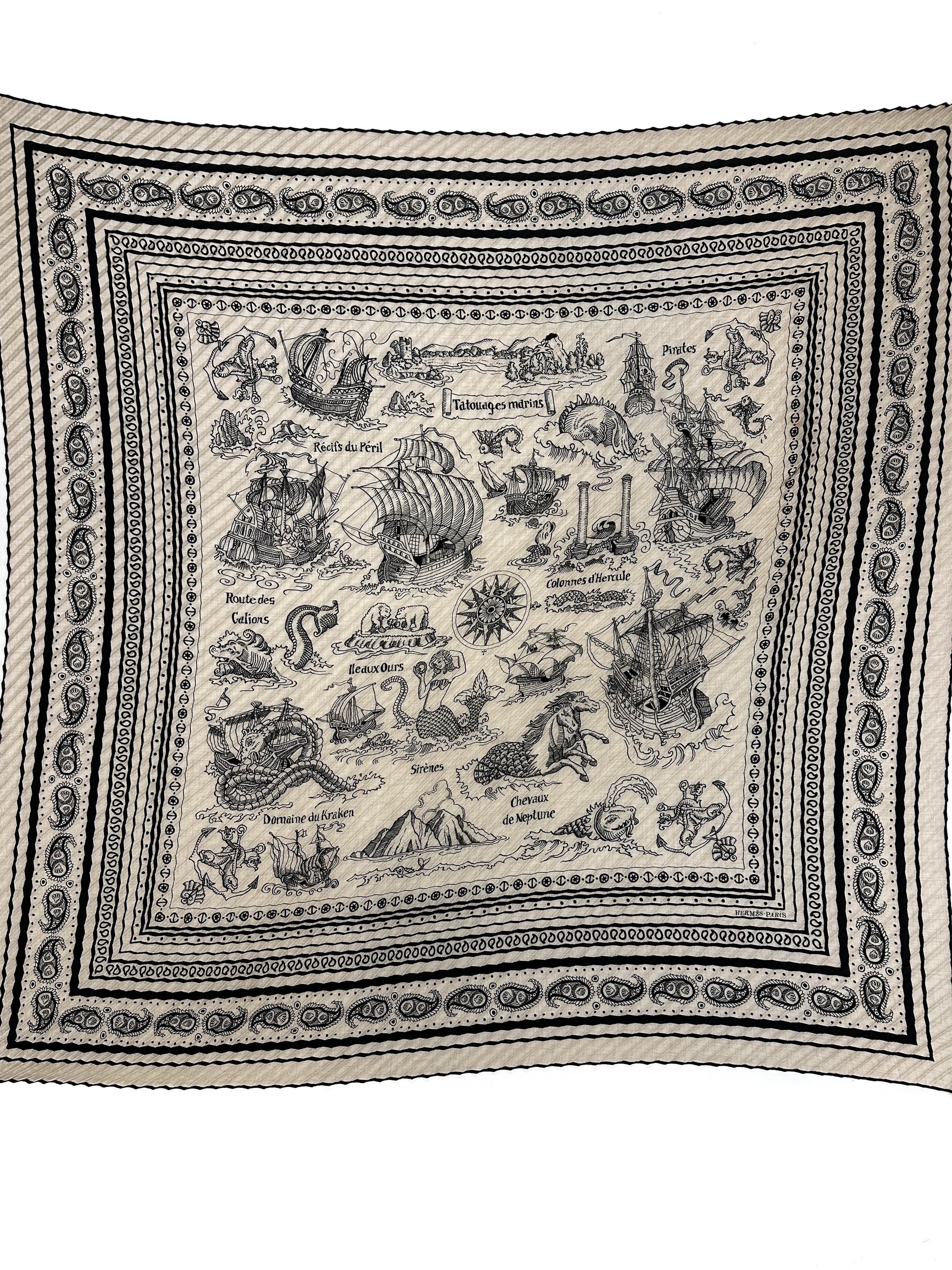 Hermès Tatouages Marins Bandana Cashmere Silk Plissé 140
