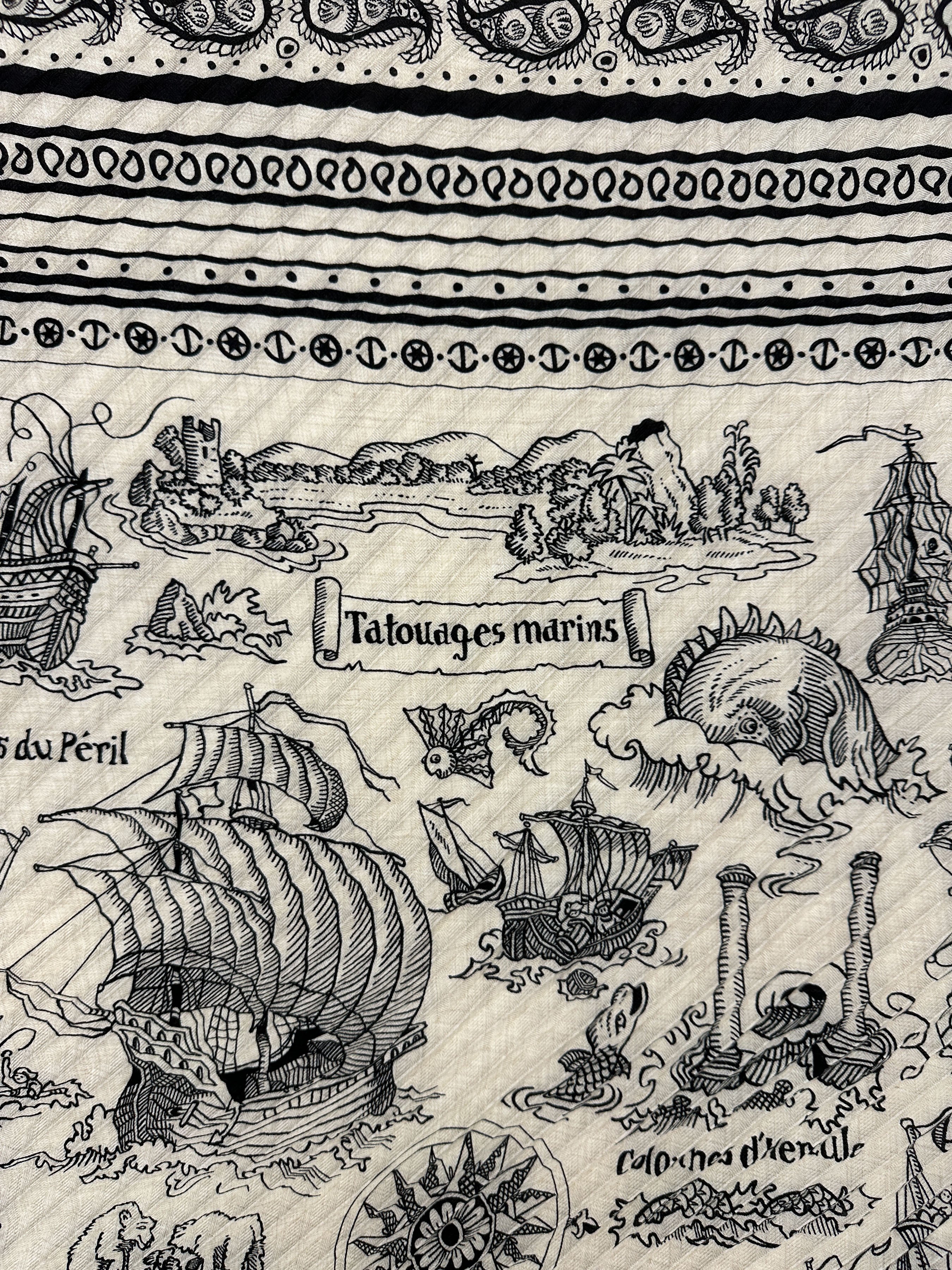 Hermès Tatouages Marins Bandana Cashmere Silk Plissé 140