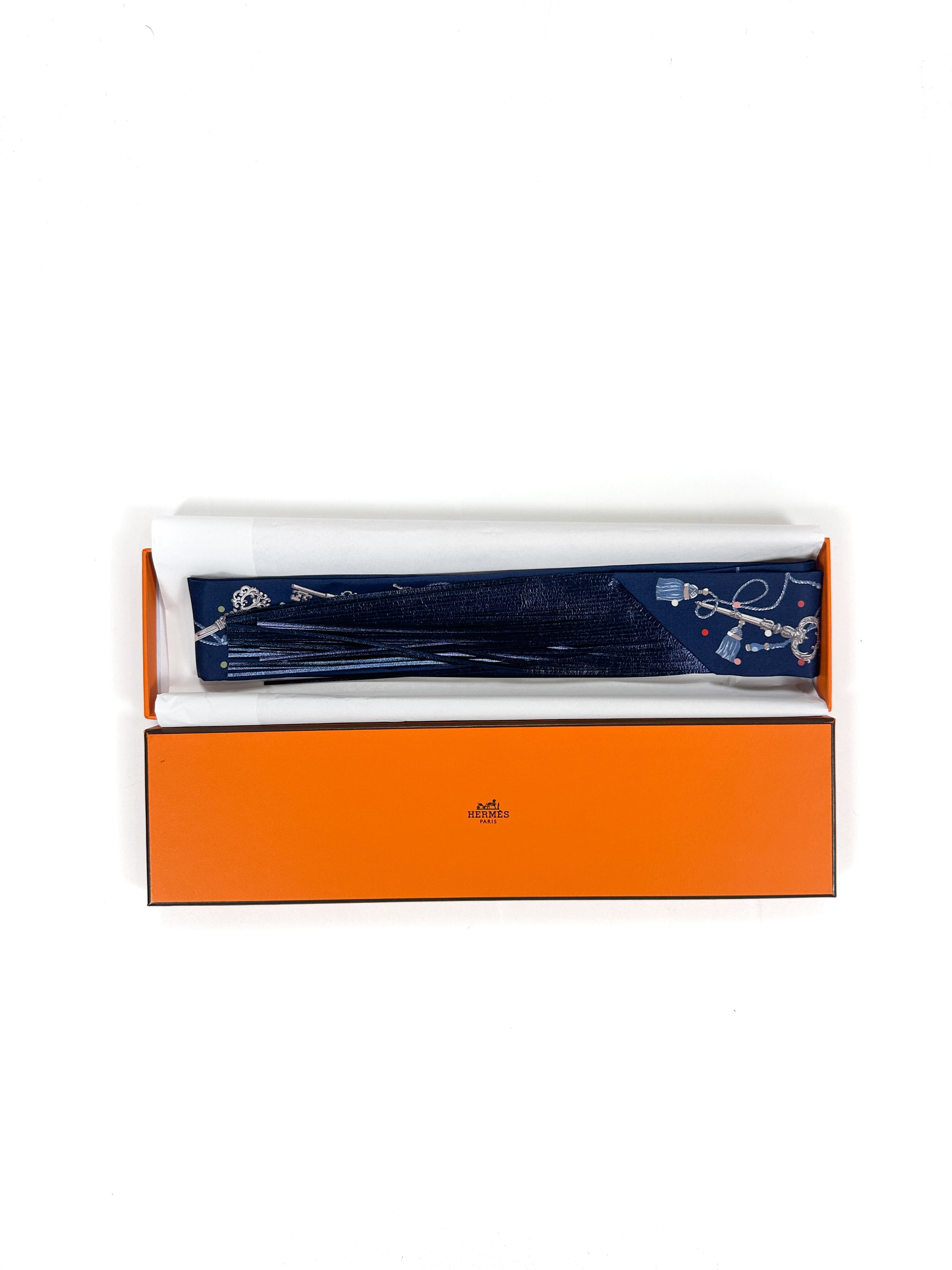 Hermès Les Cles au Pois Metallic Fringe Twilly