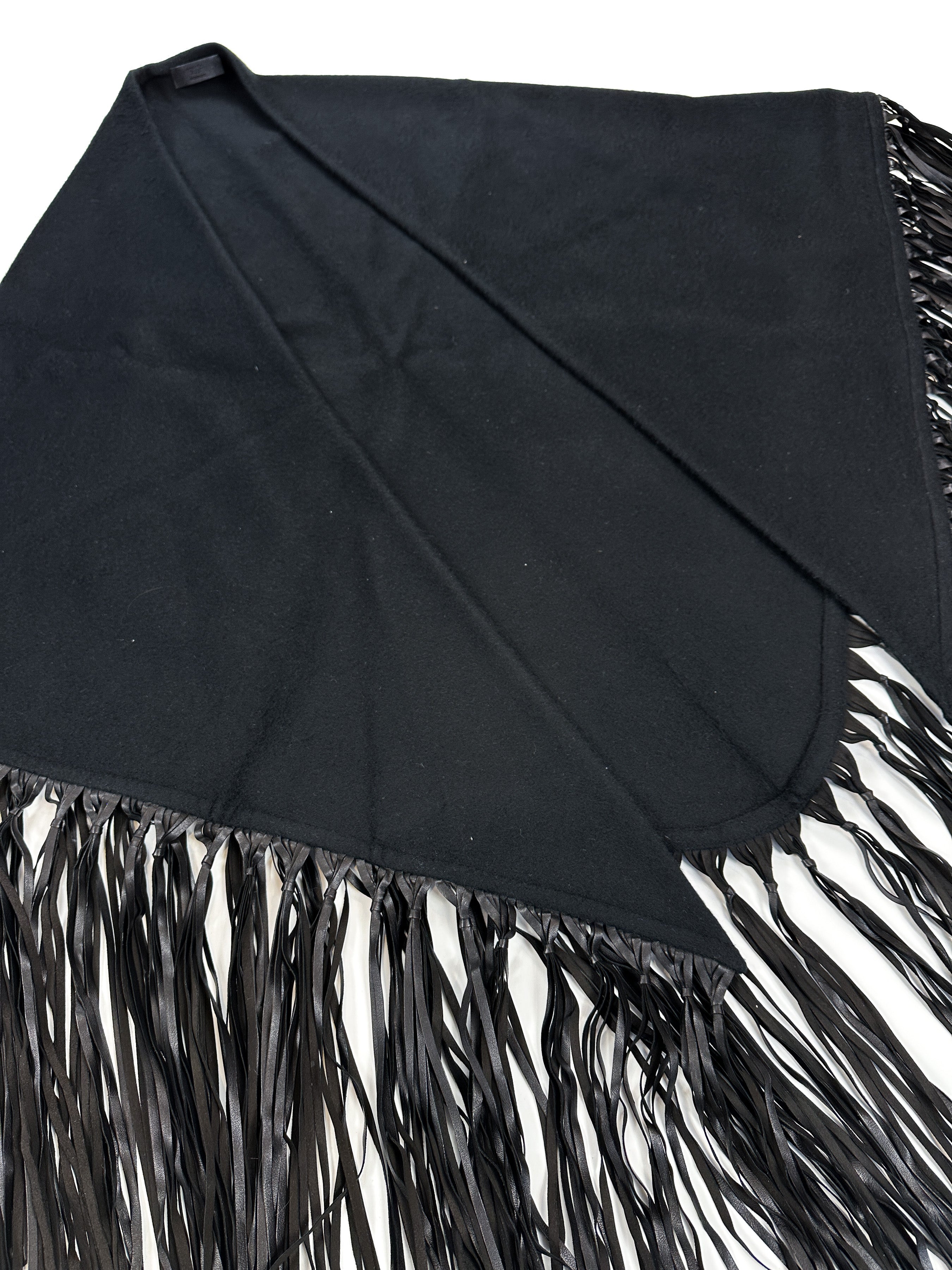 Hermès Fringed Leather Plaid Cashmere Triangle Shawl