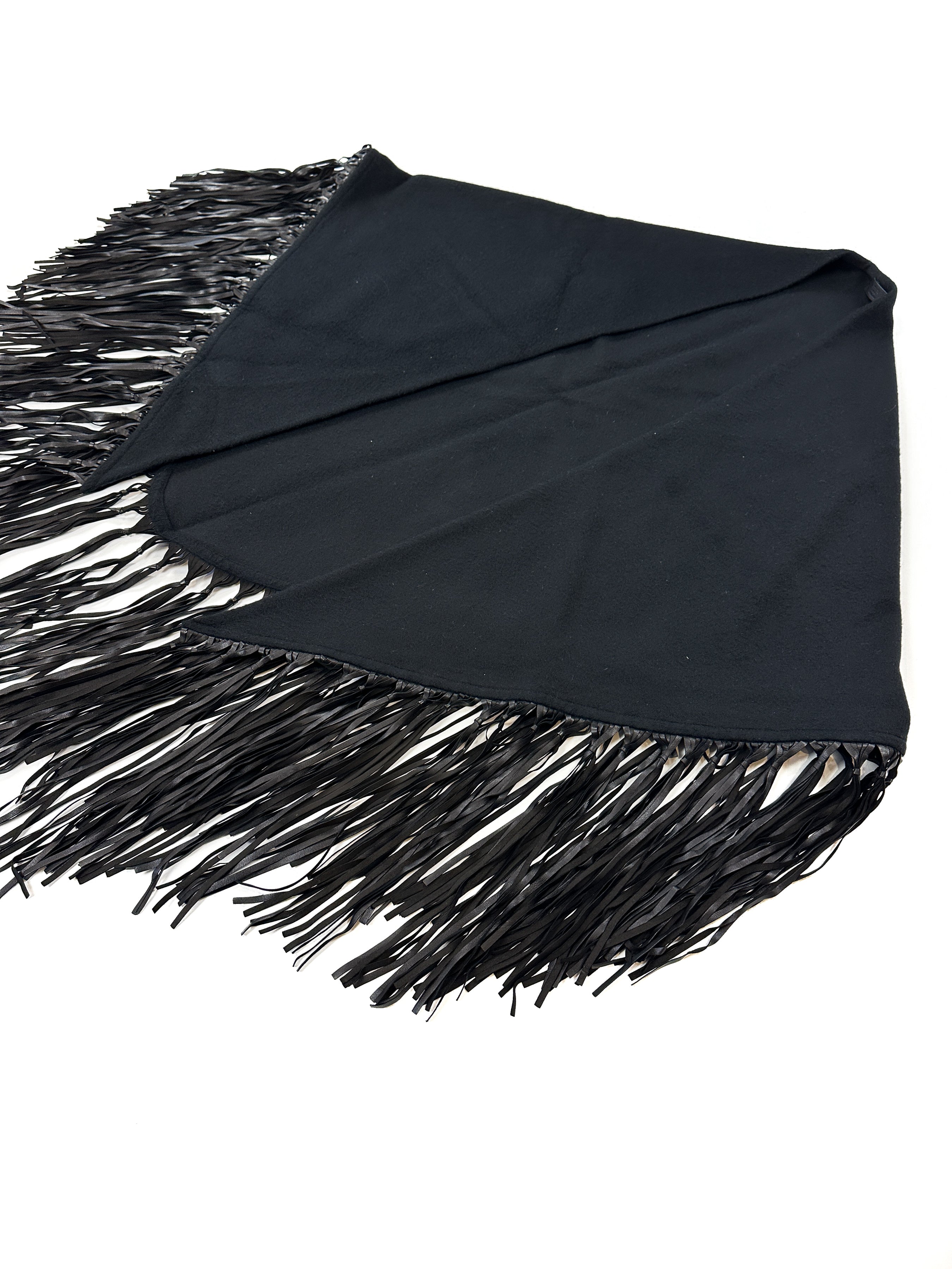Hermès Fringed Leather Plaid Cashmere Triangle Shawl