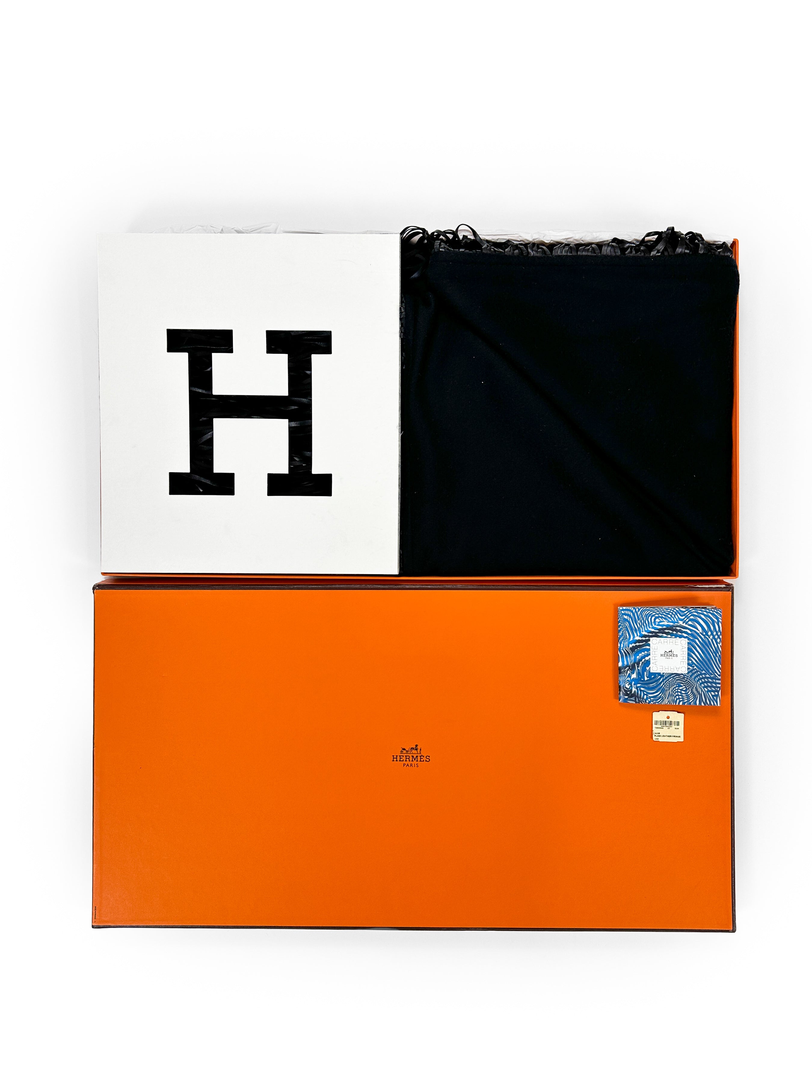 Hermès Fringed Leather Plaid Cashmere Triangle Shawl