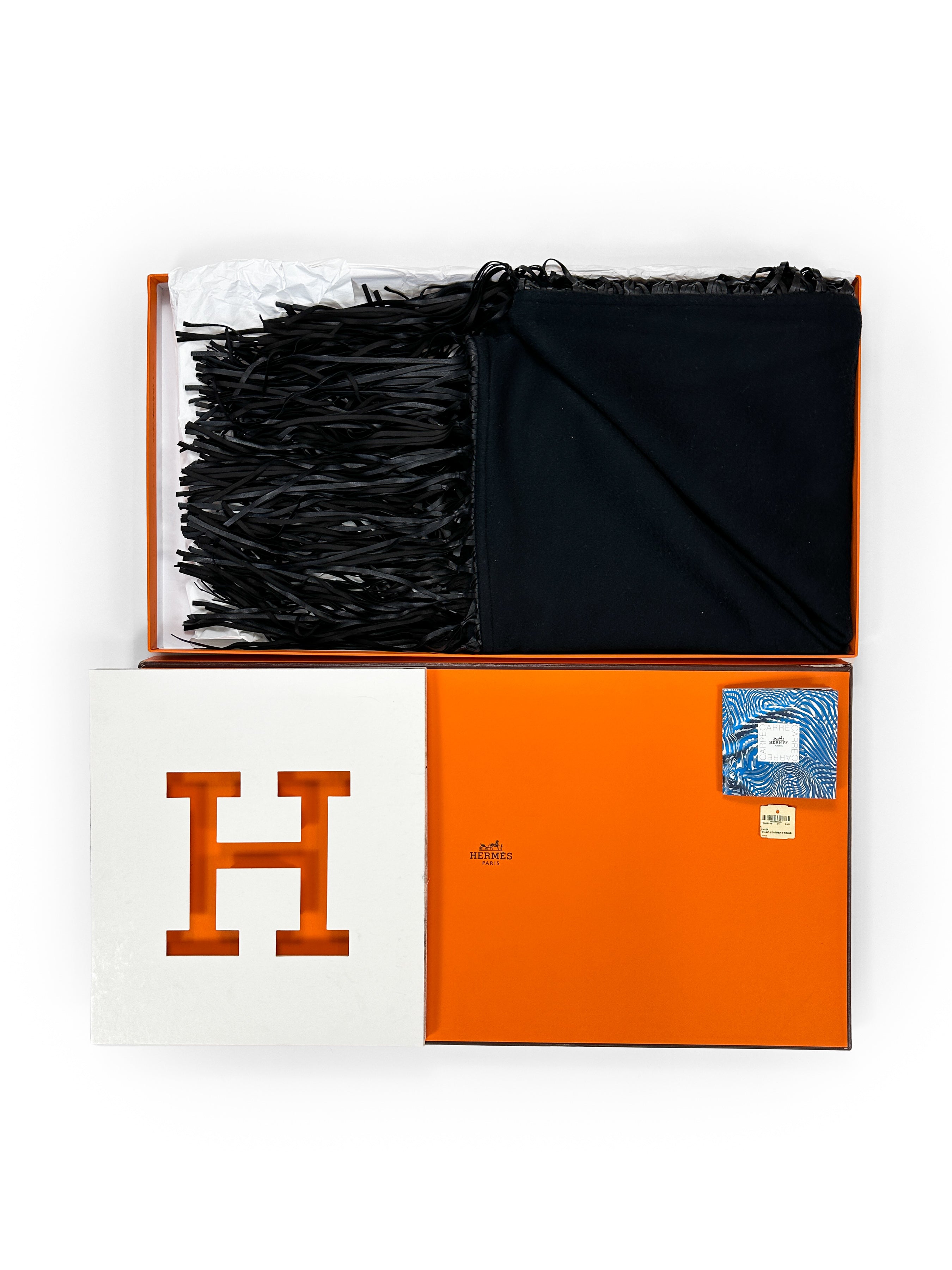 Hermès Fringed Leather Plaid Cashmere Triangle Shawl