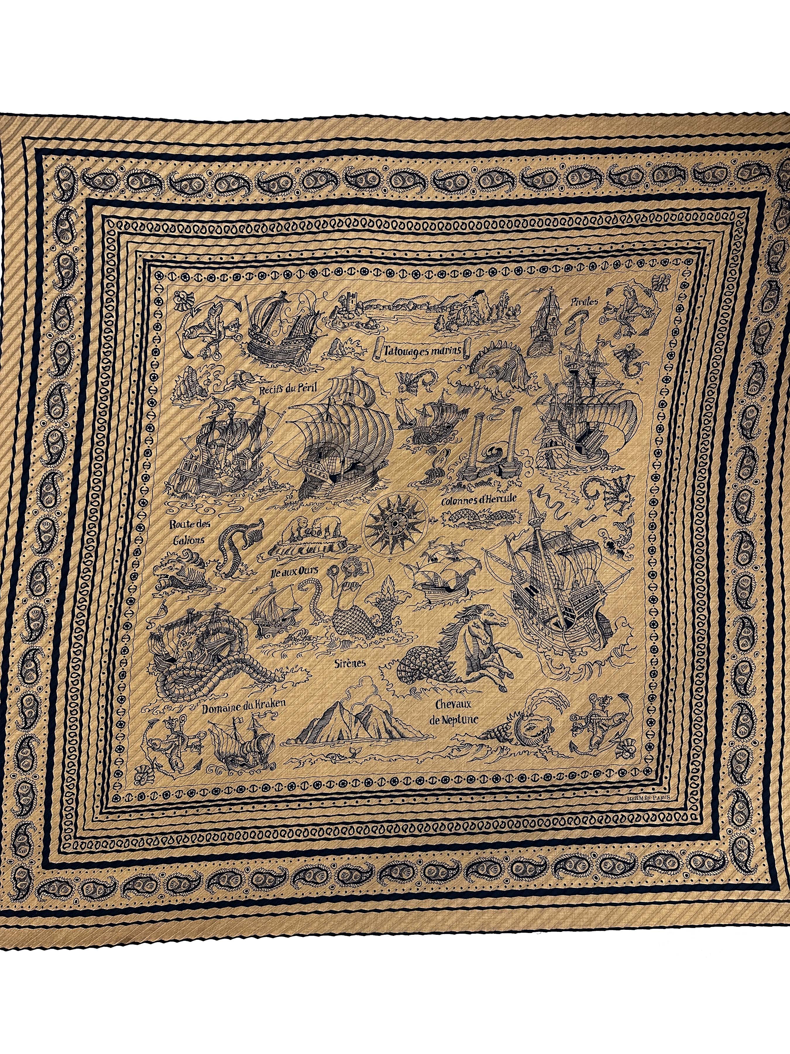 Hermès Tatouages Marins Bandana Cashmere Silk Plissé 140