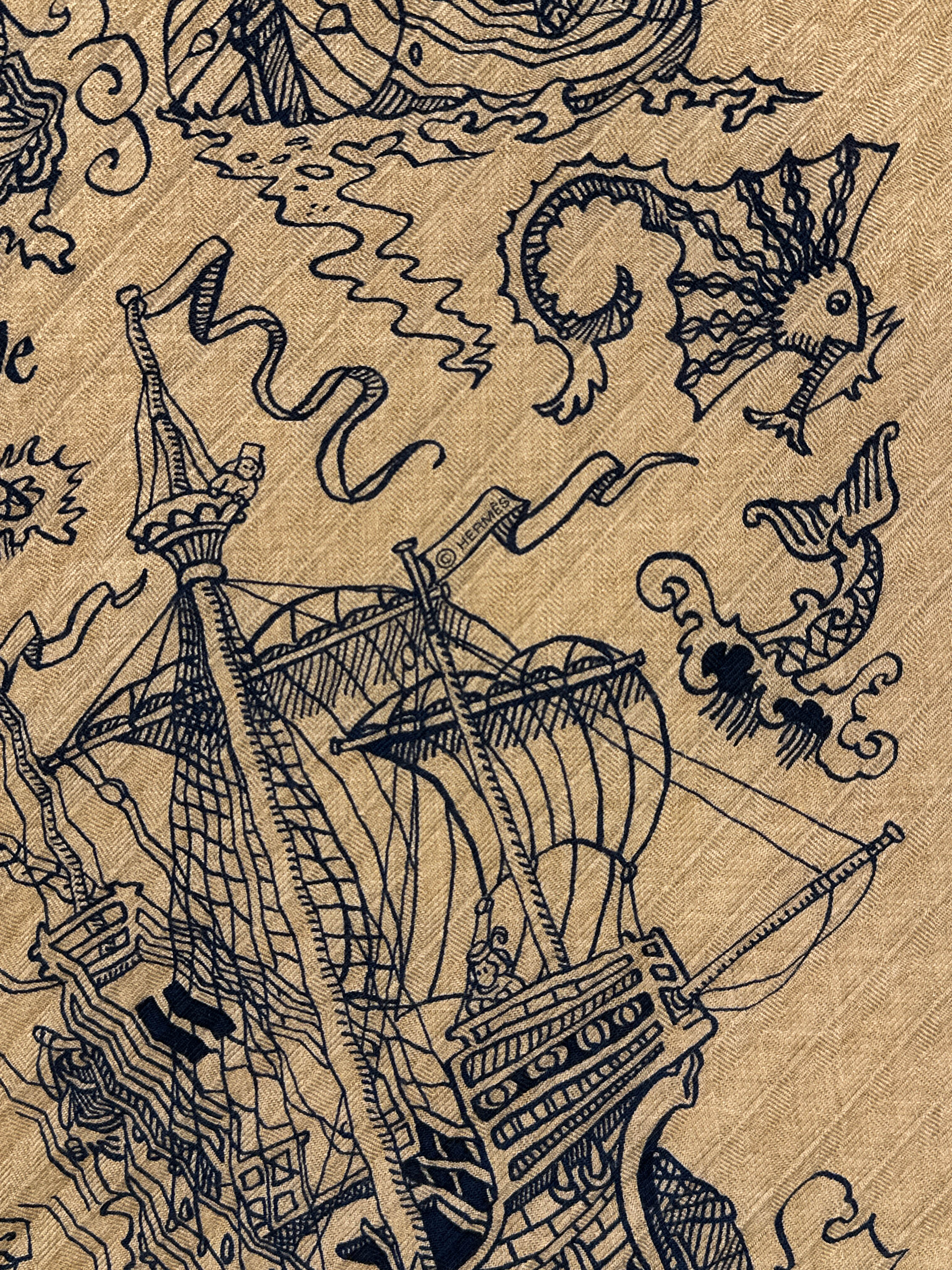 Hermès Tatouages Marins Bandana Cashmere Silk Plissé 140