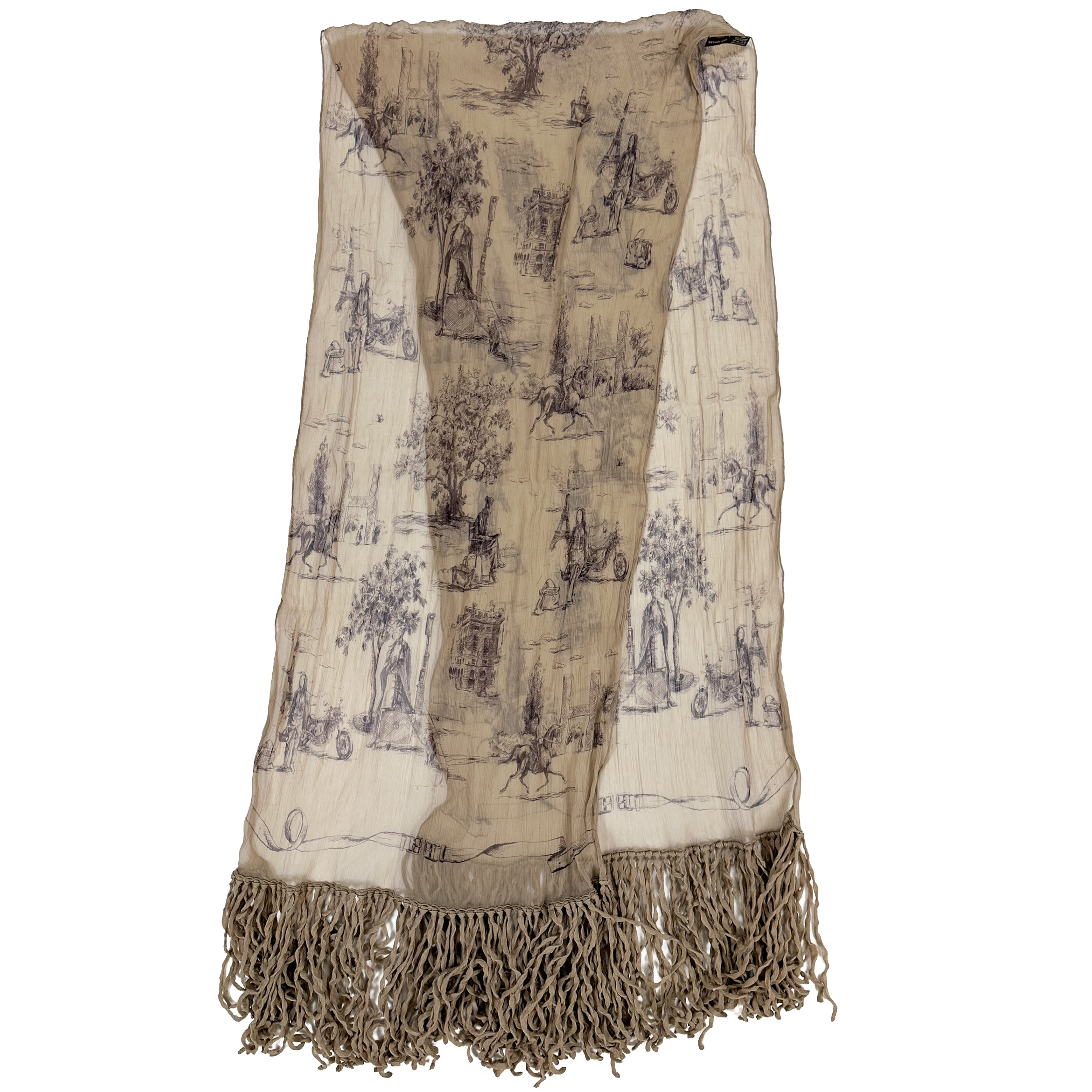 Hermès Toile de Jouy Crinkle Mousseline Fringe Shawl