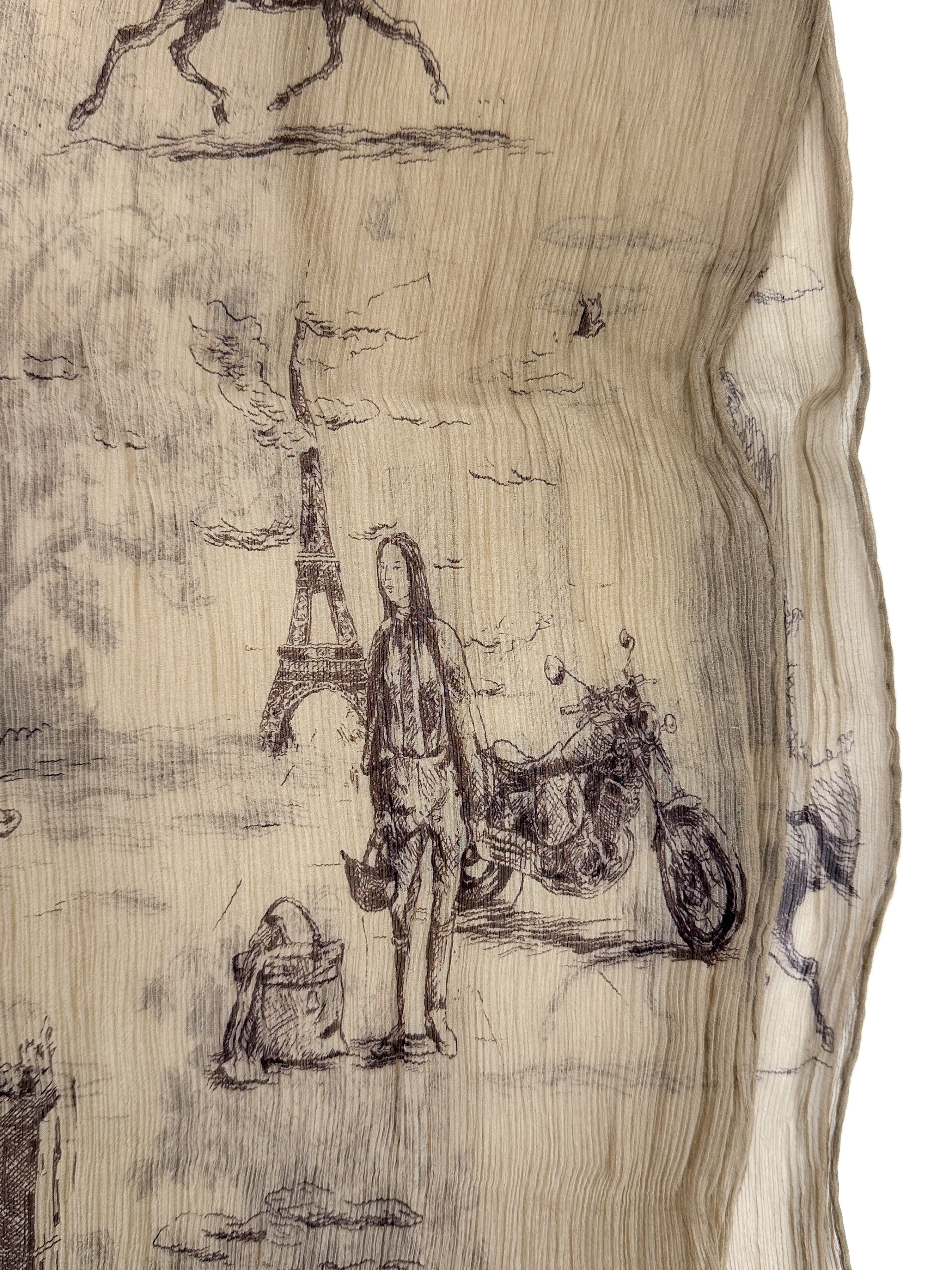 Hermès Toile de Jouy Crinkle Mousseline Fringe Shawl