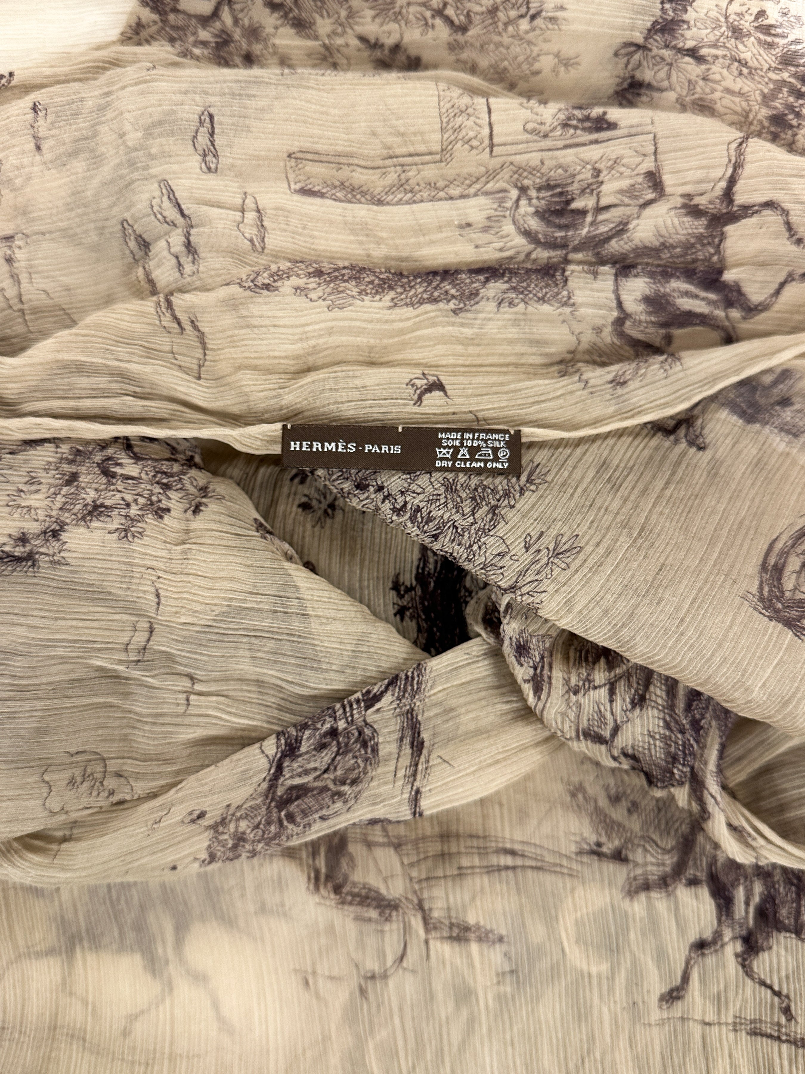 Hermès Toile de Jouy Crinkle Mousseline Fringe Shawl