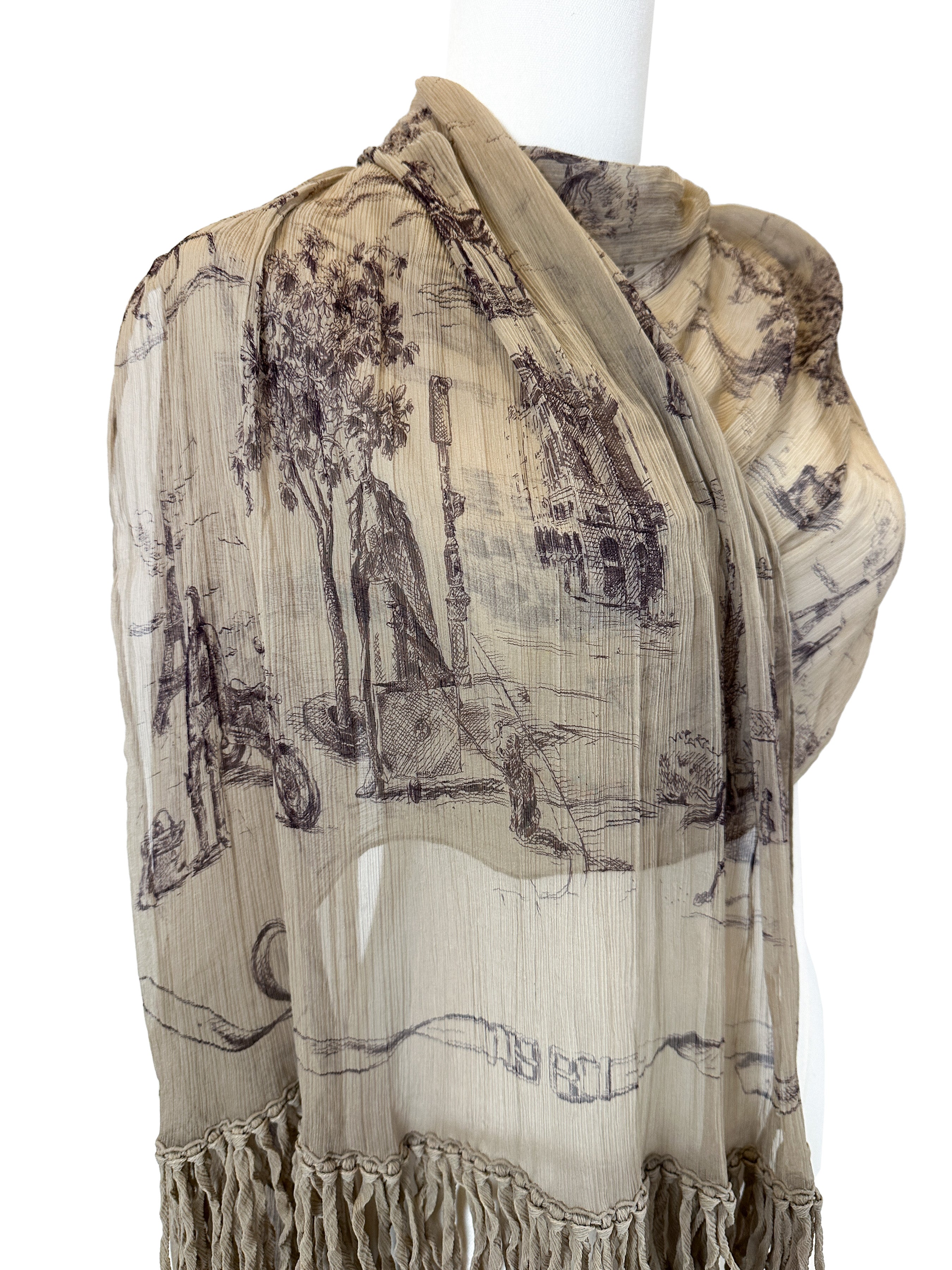 Hermès Toile de Jouy Crinkle Mousseline Fringe Shawl