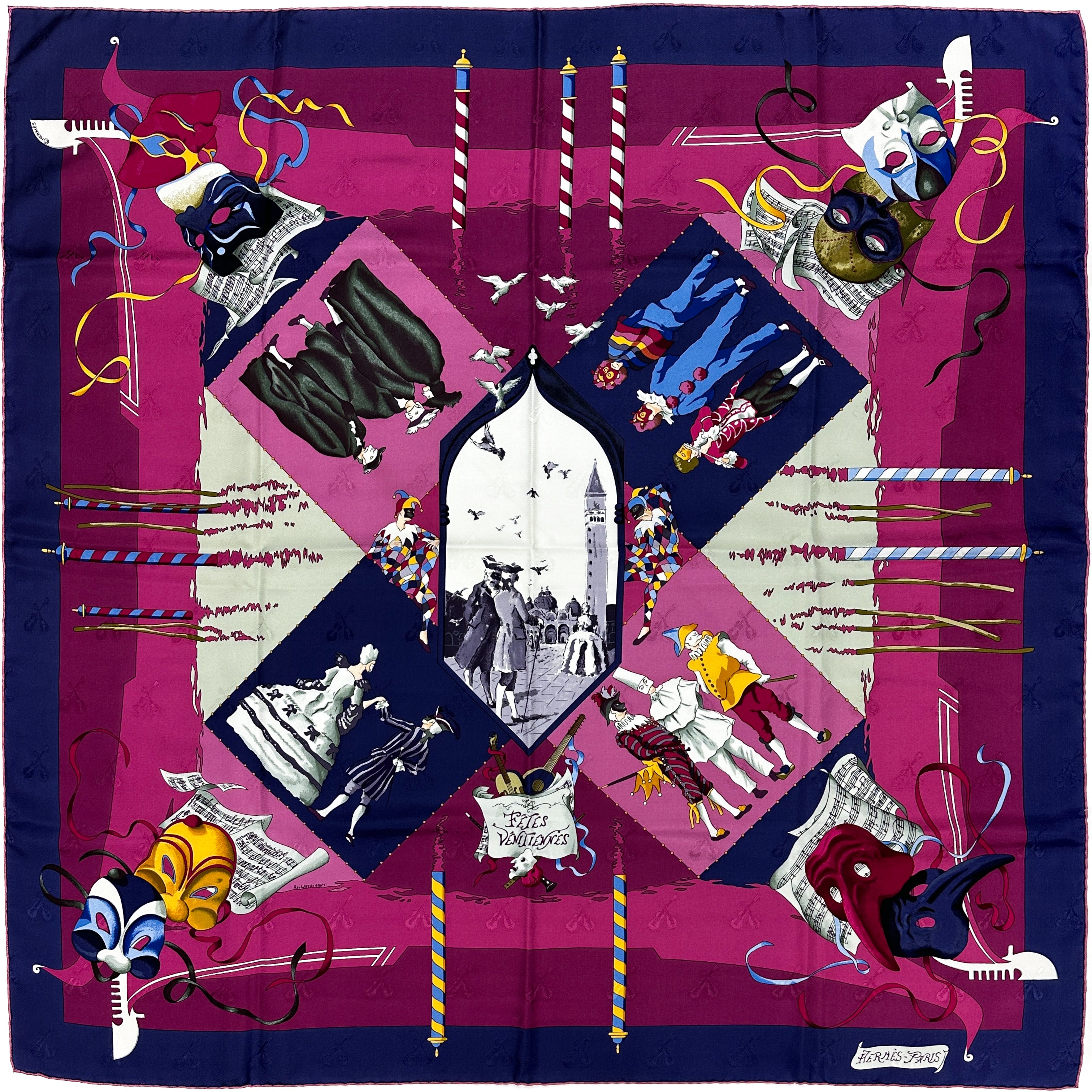 Colorful scarf with artistic design featuring people and masks on a magenta and navy background.