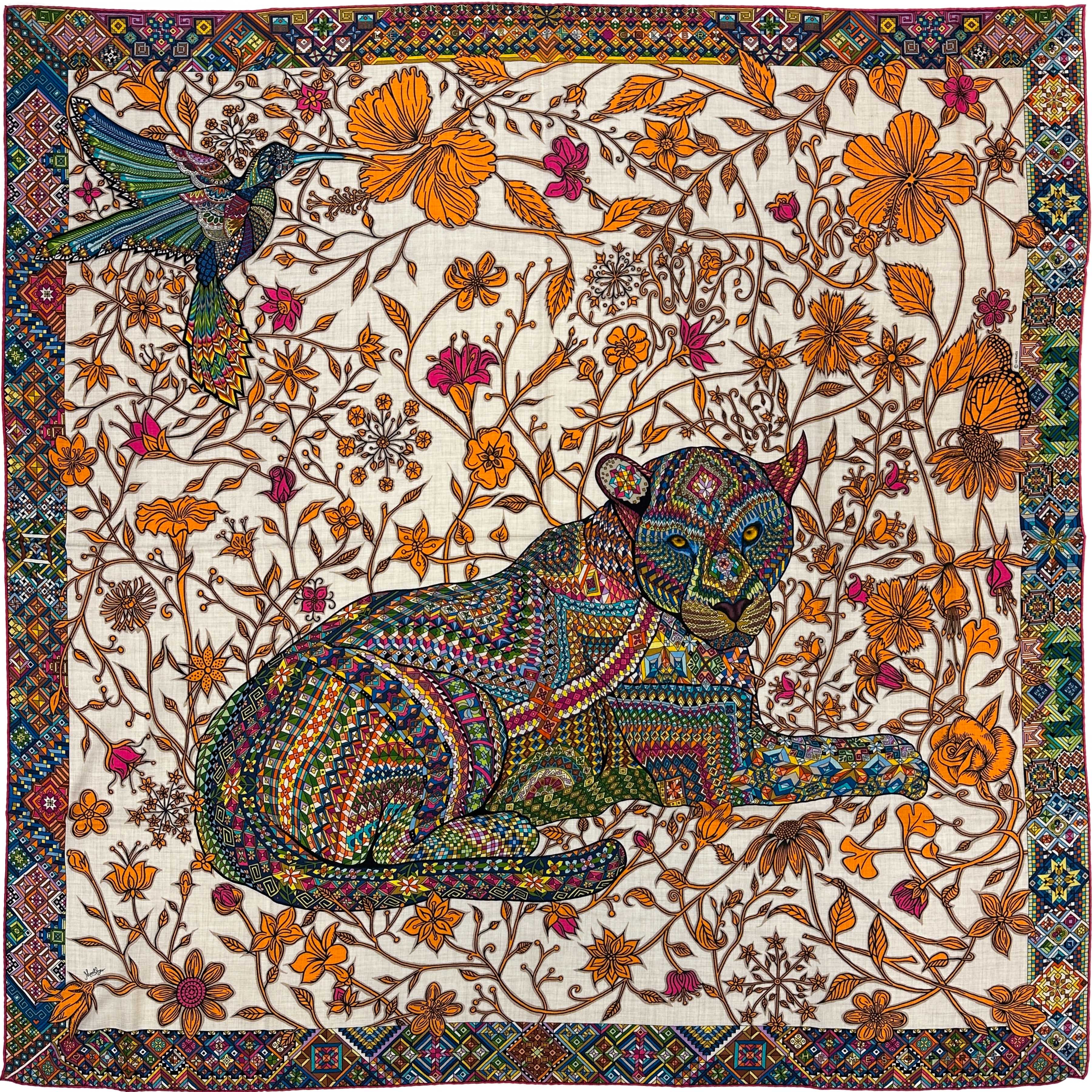 Hermès Le Jaguar et le Colibri Cashmere Silk 140