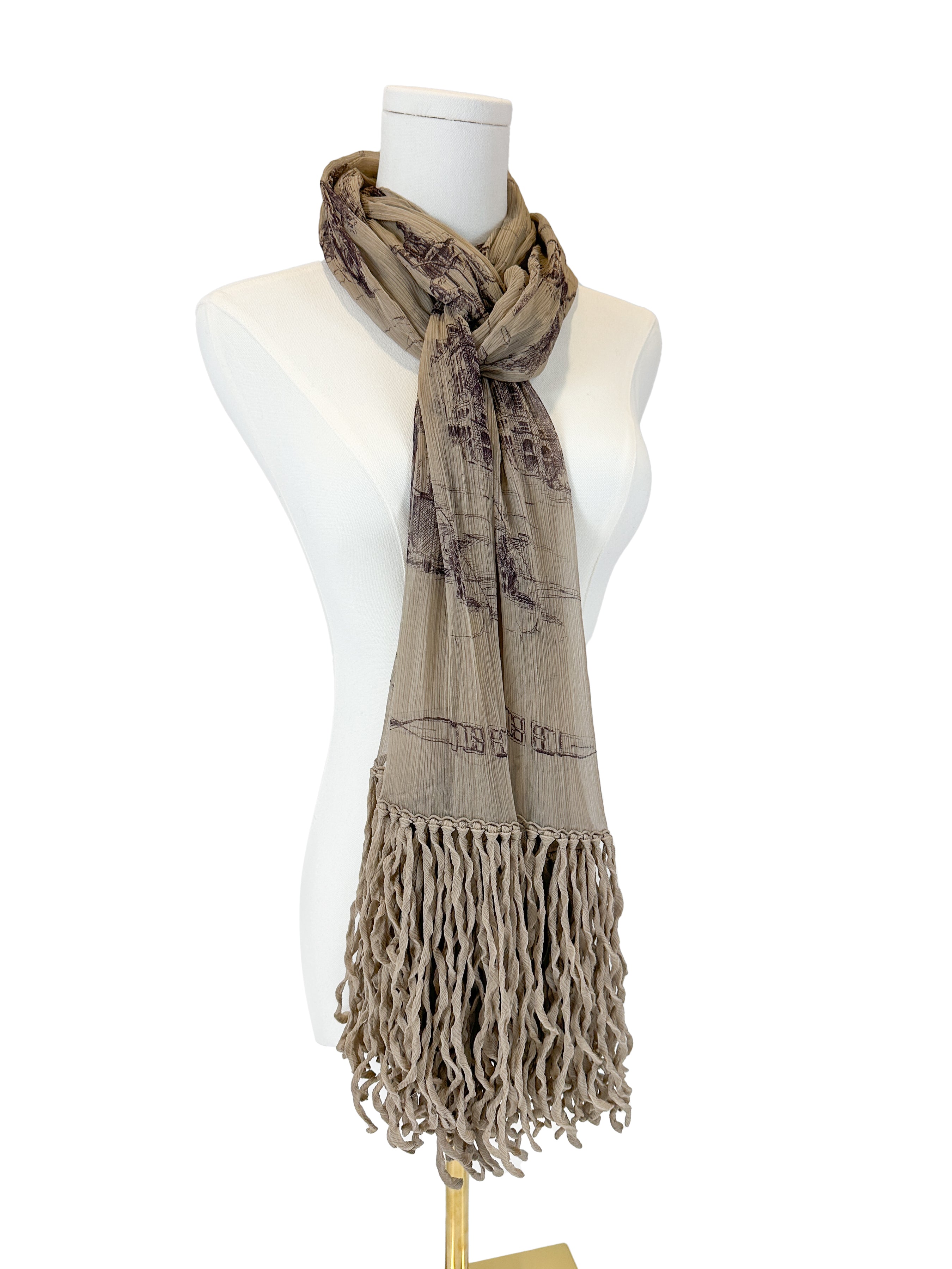 Hermès Toile de Jouy Crinkle Mousseline Fringe Shawl