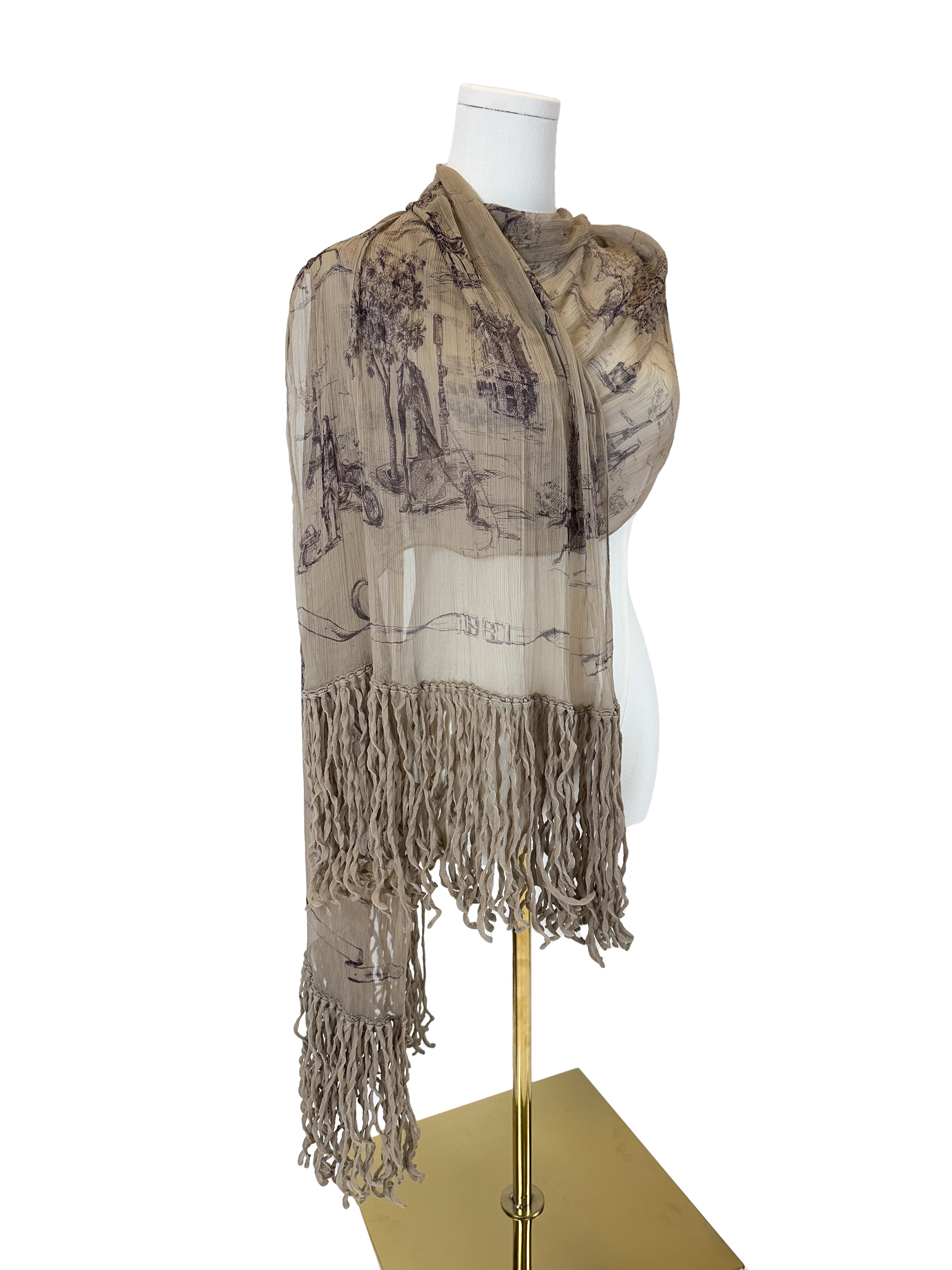 Hermès Toile de Jouy Crinkle Mousseline Fringe Shawl
